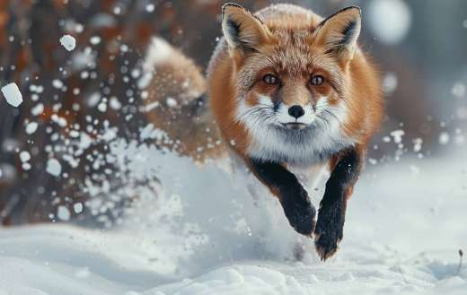 Red fox bounding through a snow landscape