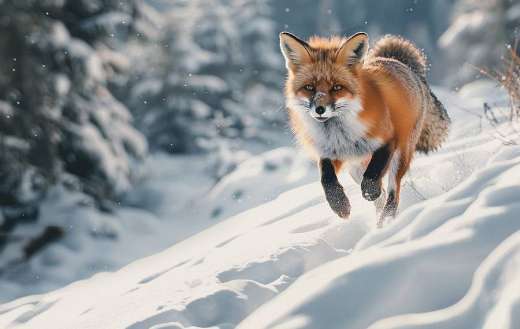 Red fox bounding through the snow