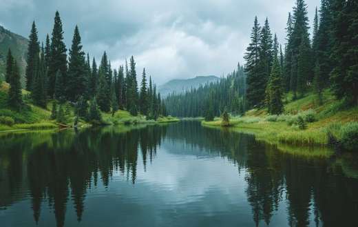 Tall pine trees by the lake