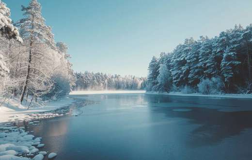 Trees covered with snow and a frozen lake