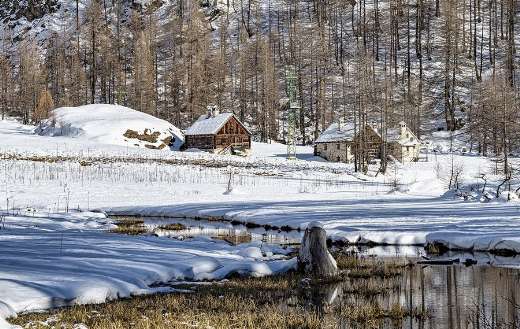 Winter houses barn river forest