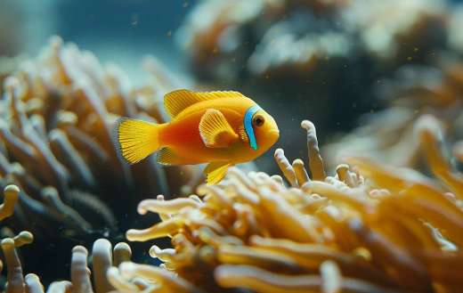 Yellow small fish swimming by the corals