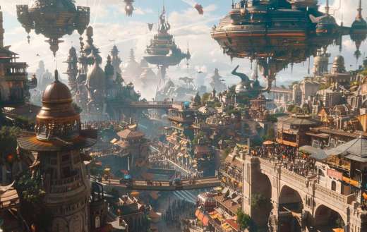 Bustling fantasy city with towering spires floating