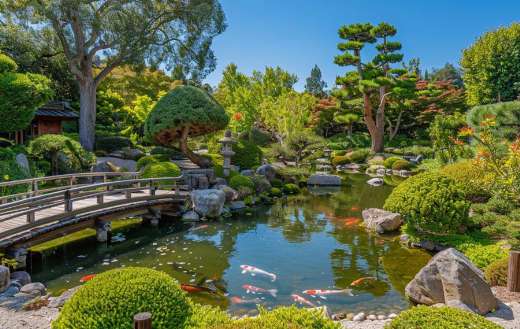 Tea japanese garden with pond and bridge