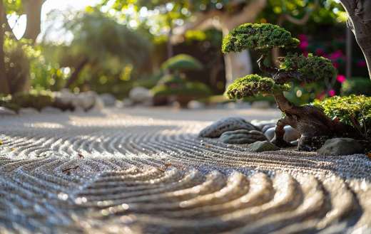 Zen garden with meticulously raked gravel