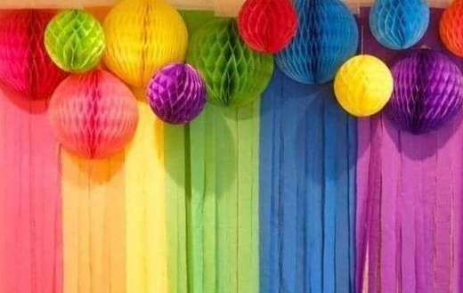 Beautiful rainbow party curtain and Paper balls