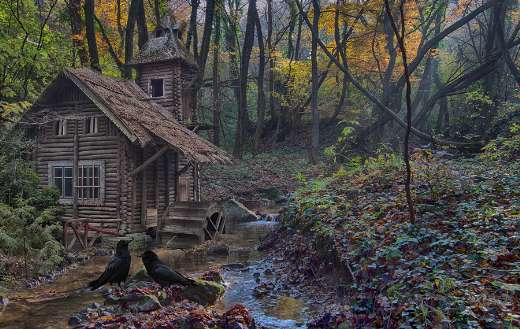 Hut small cabin next to river