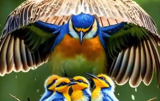 Mama kingfisher covering her babies