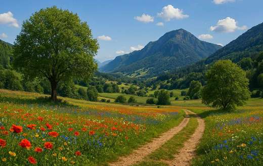 Beautiful nature landscape with puppies flowers