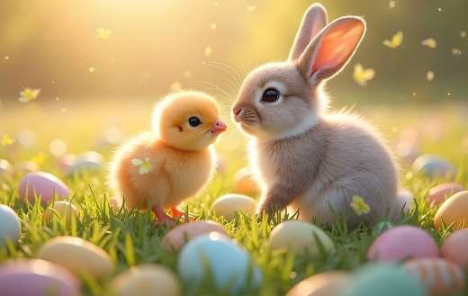 Colorful eggs baby rabbit and chick