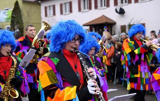 Colorful people costumes tape music trumpet