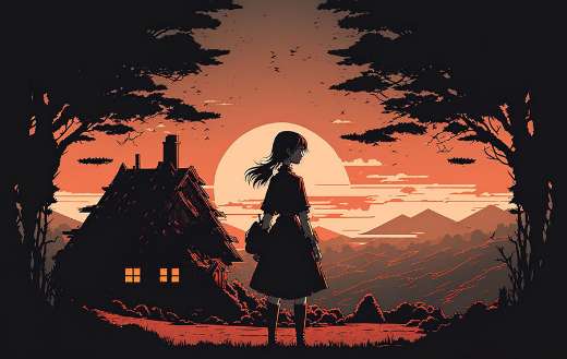 Girl walking home on sunset