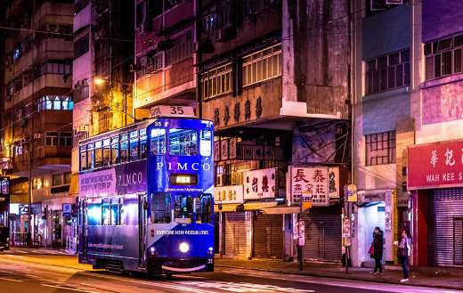 Hongkong city night double bus