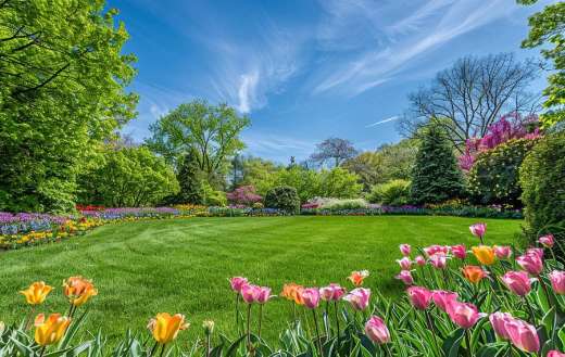 Trimmed grass surrounded by tulips