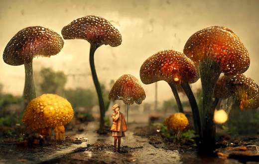 Small girl fantasy with huge big mushroom