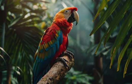 Colorful parrot perched on a branch in a tropical