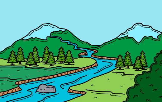 Mountains river trees illustration art