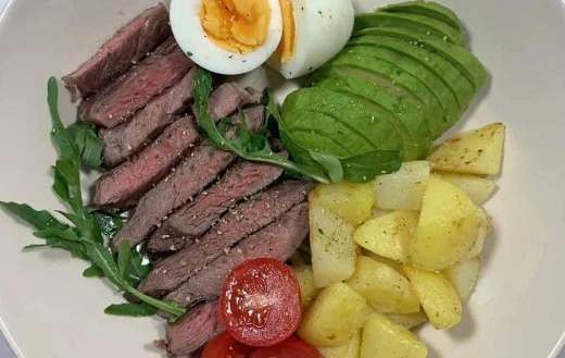 Steak salad with eggs and potatoes