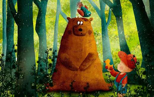 Child brown bear and bird