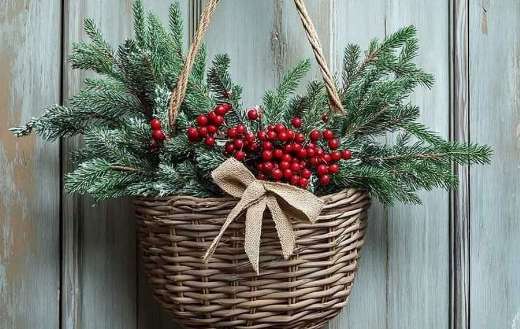 Decorative woven basket hanging on a door