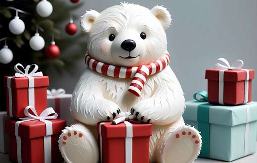 Figurine of a polar bear with a Christmas theme