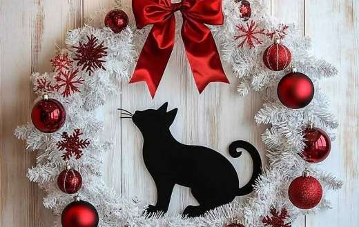 White Christmas wreath decorated with red ornaments and black cat
